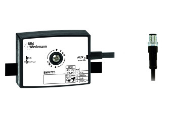 BW4725 Passive Distributor AUX, 1 x M12 cable plug, straight, 4 poles, to 1 x AUX profile cable, depth 19 mm, IP67