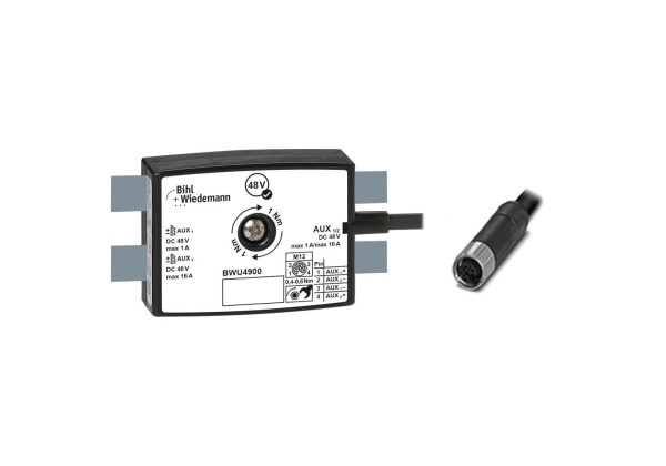 BWU4900 Passive Distributor AUX to 1 x M12 power cable sockets, straight, L-coded, 4 poles, depth 25 mm, IP67