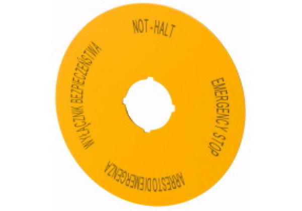 167640 - M22-XAK15 - Label, emergency stop, D=90mm, yellow, PL, EN, DE, IT