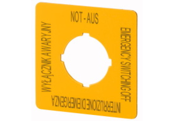 167642 - M22-XYK15 - Label, emergency stop, HxW=50x50mm, yellow, PL, EN, DE, IT
