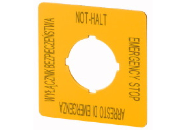 167643 - M22-XYK5 - Label, emergency switching off, HxW=50x50mm, yellow, PL, EN,